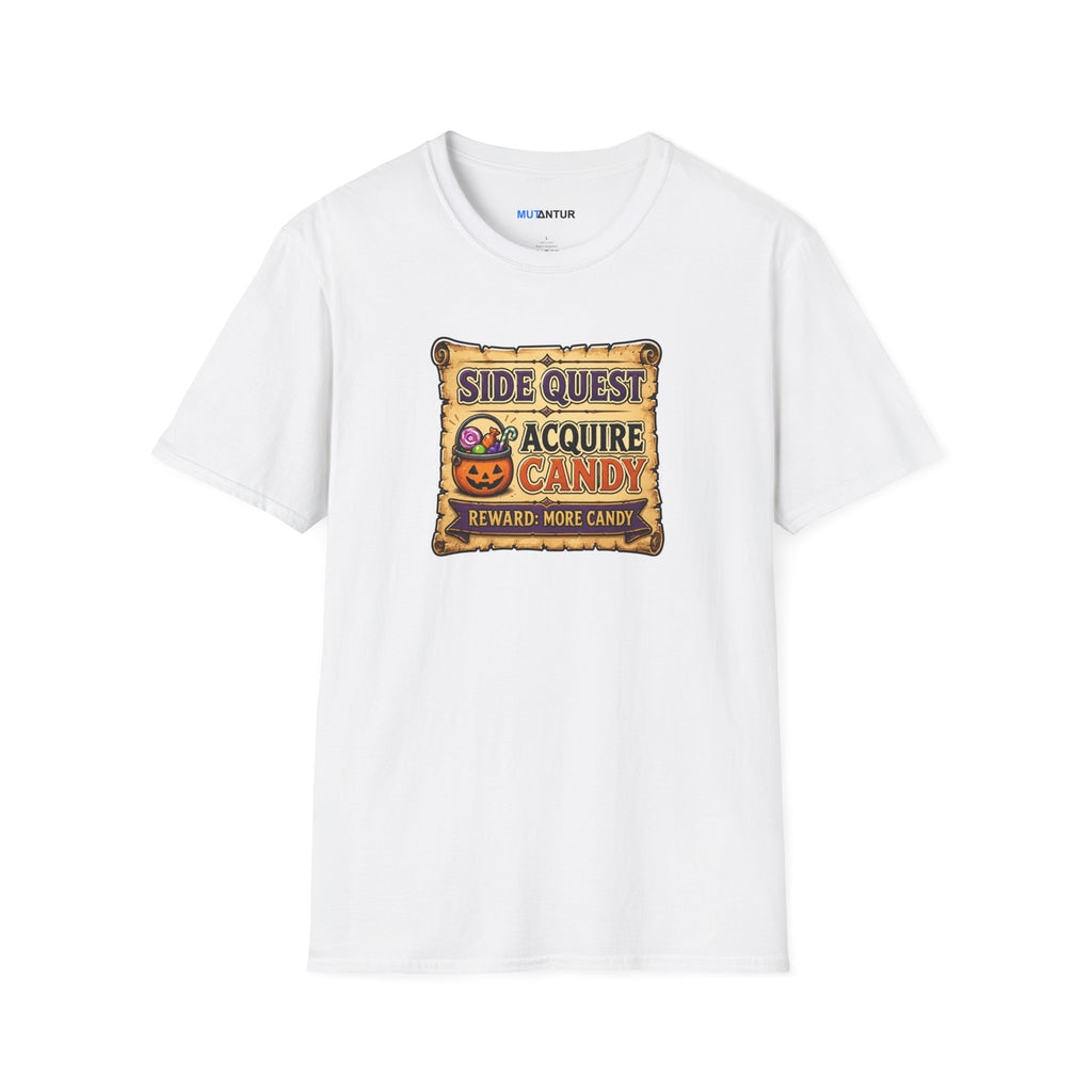 A white  short-sleeve crewneck t-shirt featuring a colorful graphic on the chest that reads 'SIDE QUEST TO ACQUIRE CANDY REWARD: MORE CANDY' with a jack-o'-lantern illustration.