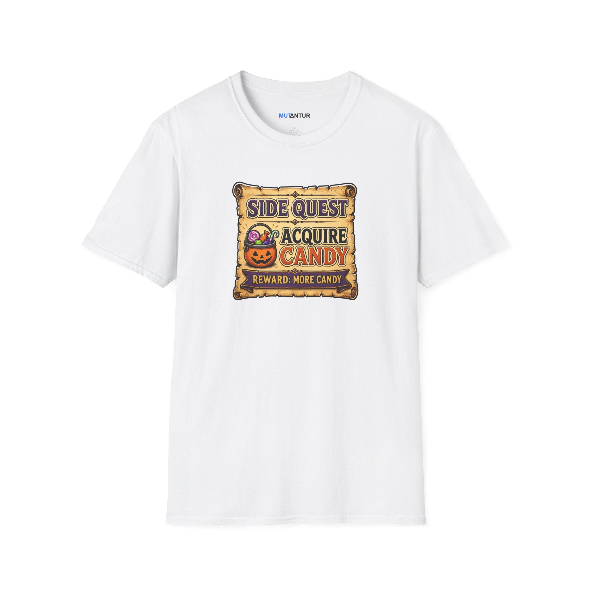 A white  short-sleeve crewneck t-shirt featuring a colorful graphic on the chest that reads 'SIDE QUEST TO ACQUIRE CANDY REWARD: MORE CANDY' with a jack-o'-lantern illustration.
