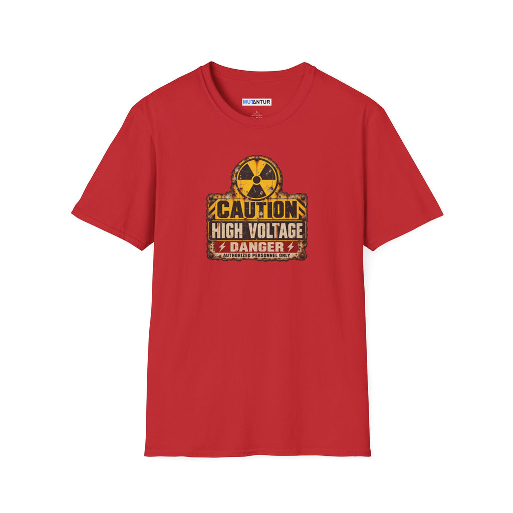  a red short sleeved  crewneck t shirt with a yellow, black, and CAUTION HIGH VOLTAGE sign design with the word DANGER below against a white background