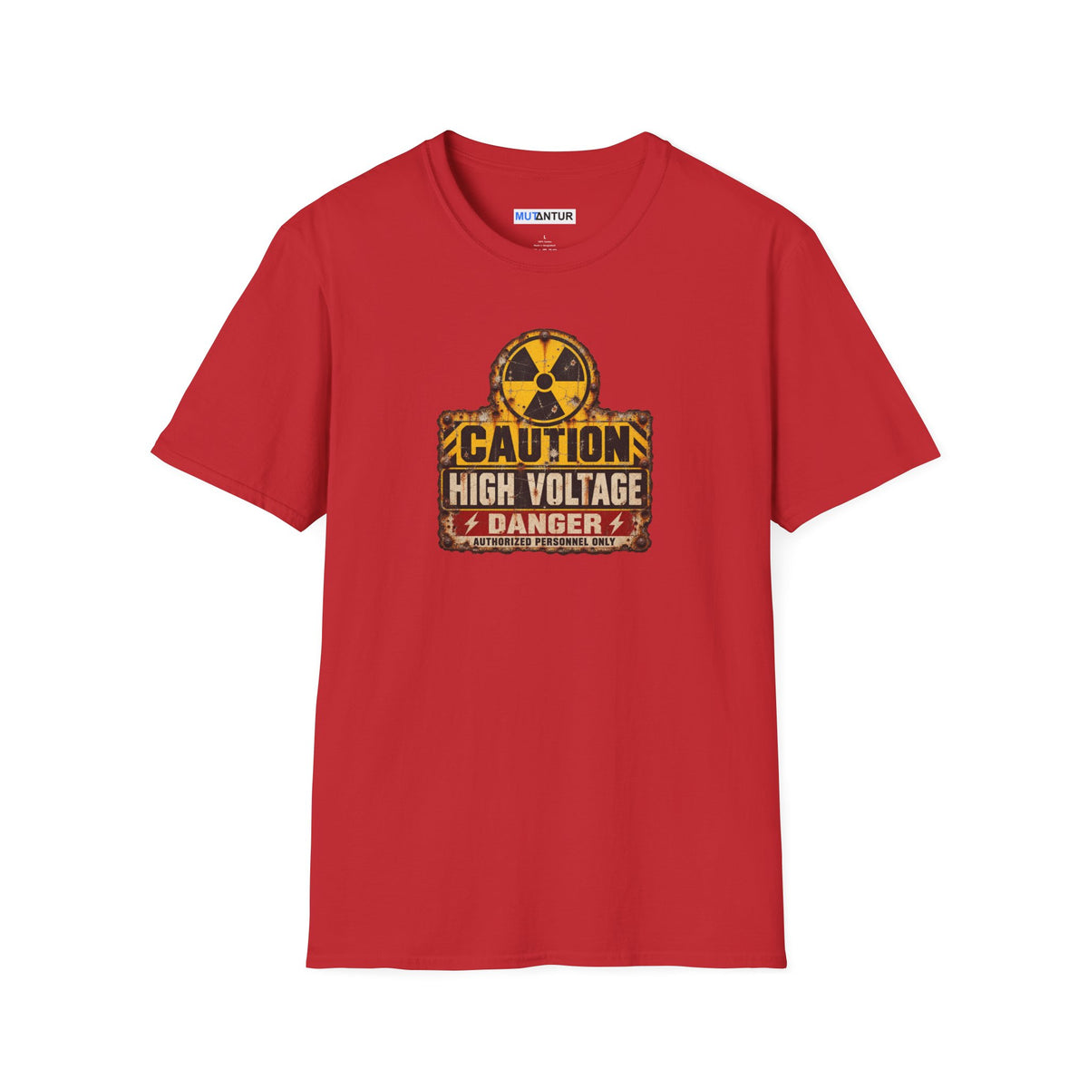  a red short sleeved  crewneck t shirt with a yellow, black, and CAUTION HIGH VOLTAGE sign design with the word DANGER below against a white background