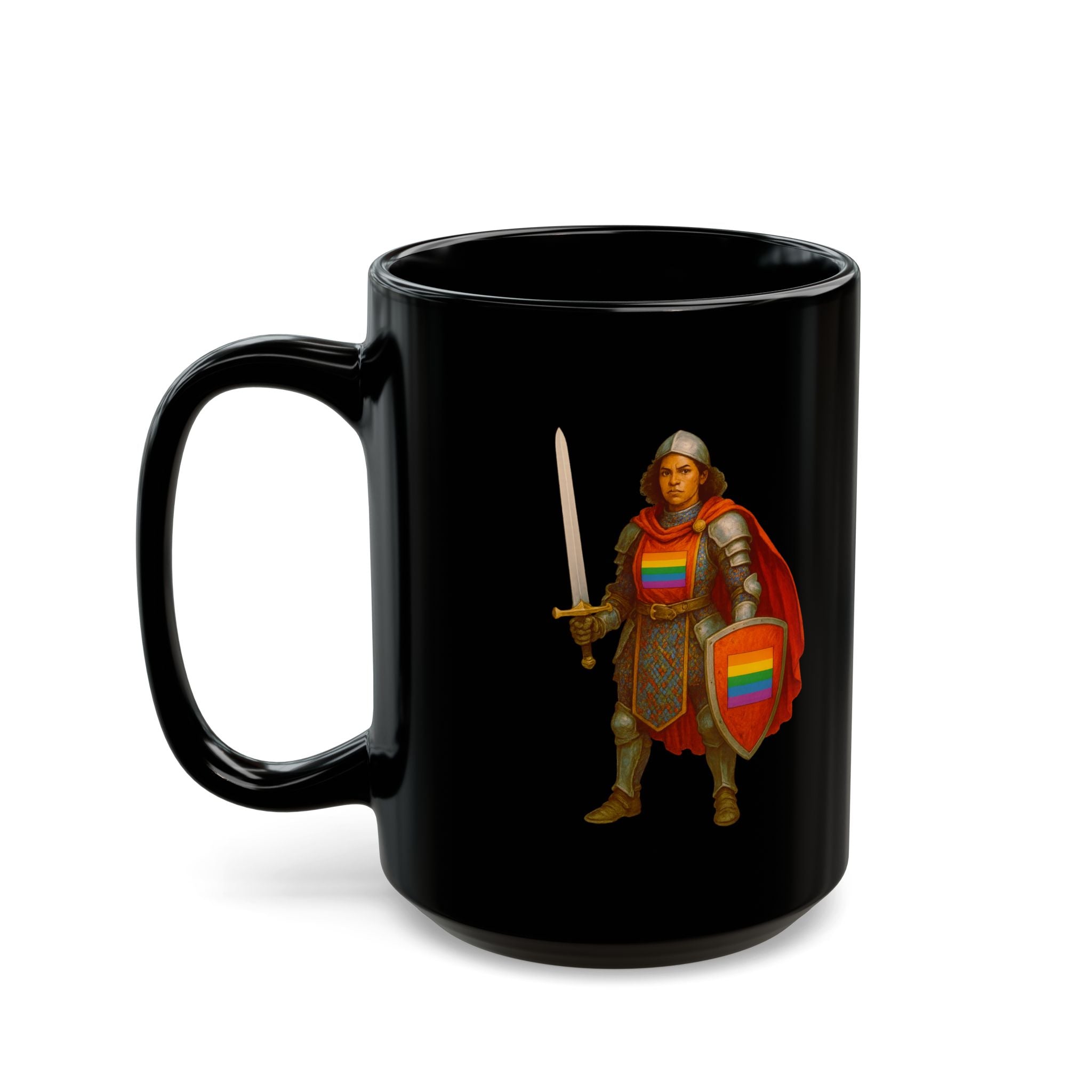 Rainbow Paladin Mug — Black Ceramic Mug with Pride Shield and Cape - Mutantur Labs LLC