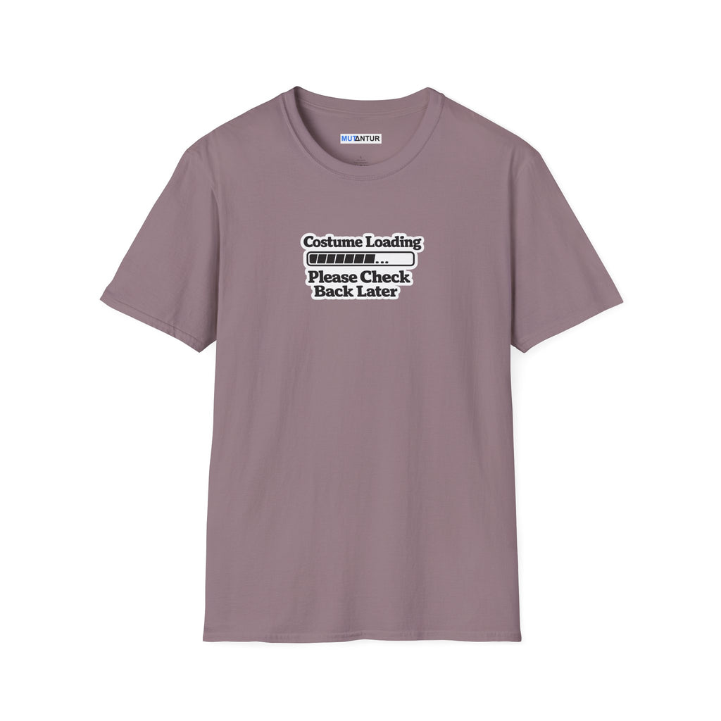 Heather crewneck t-shirt with a black graphic print on the chest that reads 'Costume Loading Please Check Back Later' with a progress bar,