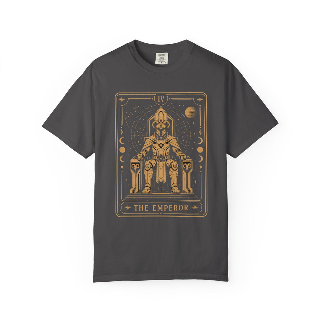 A gray t-shirt featuring The Emperor from the Future Arcana collection, inspired by The Emperor tarot card. A regal futuristic ruler sits upon a cosmic throne surrounded by celestial Art Deco details in elegant gold line art on a transparent background.