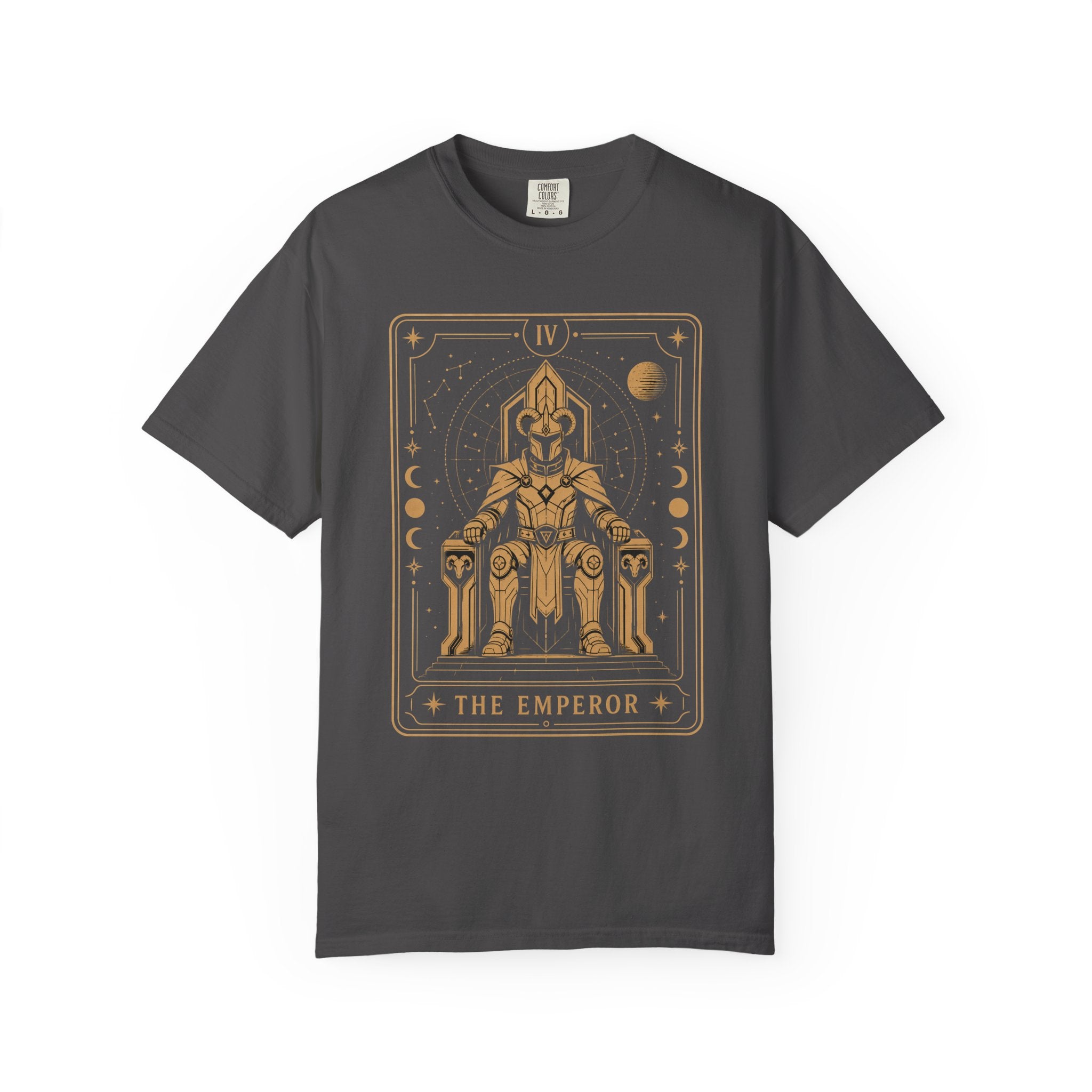 A gray t-shirt featuring The Emperor from the Future Arcana collection, inspired by The Emperor tarot card. A regal futuristic ruler sits upon a cosmic throne surrounded by celestial Art Deco details in elegant gold line art on a transparent background.
