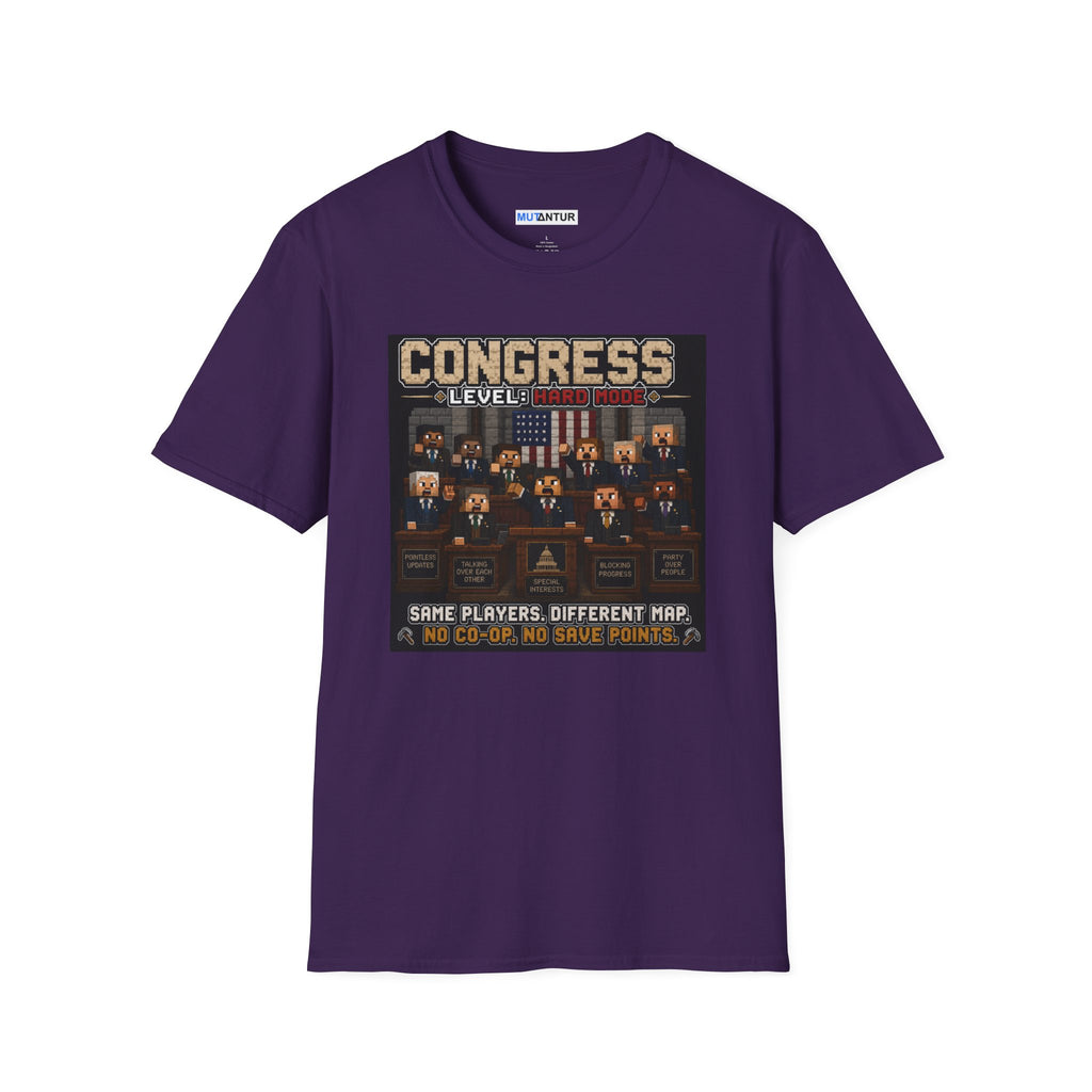 A purple hort-sleeve t-shirt with a graphic print on the front depicting a retro video game interface titled 'CONGRESS LEVEL 1'. The graphic shows a mock courtroom scene with historical figures and text reading 'SAME PLAYERS, DIFFERENT MAP.