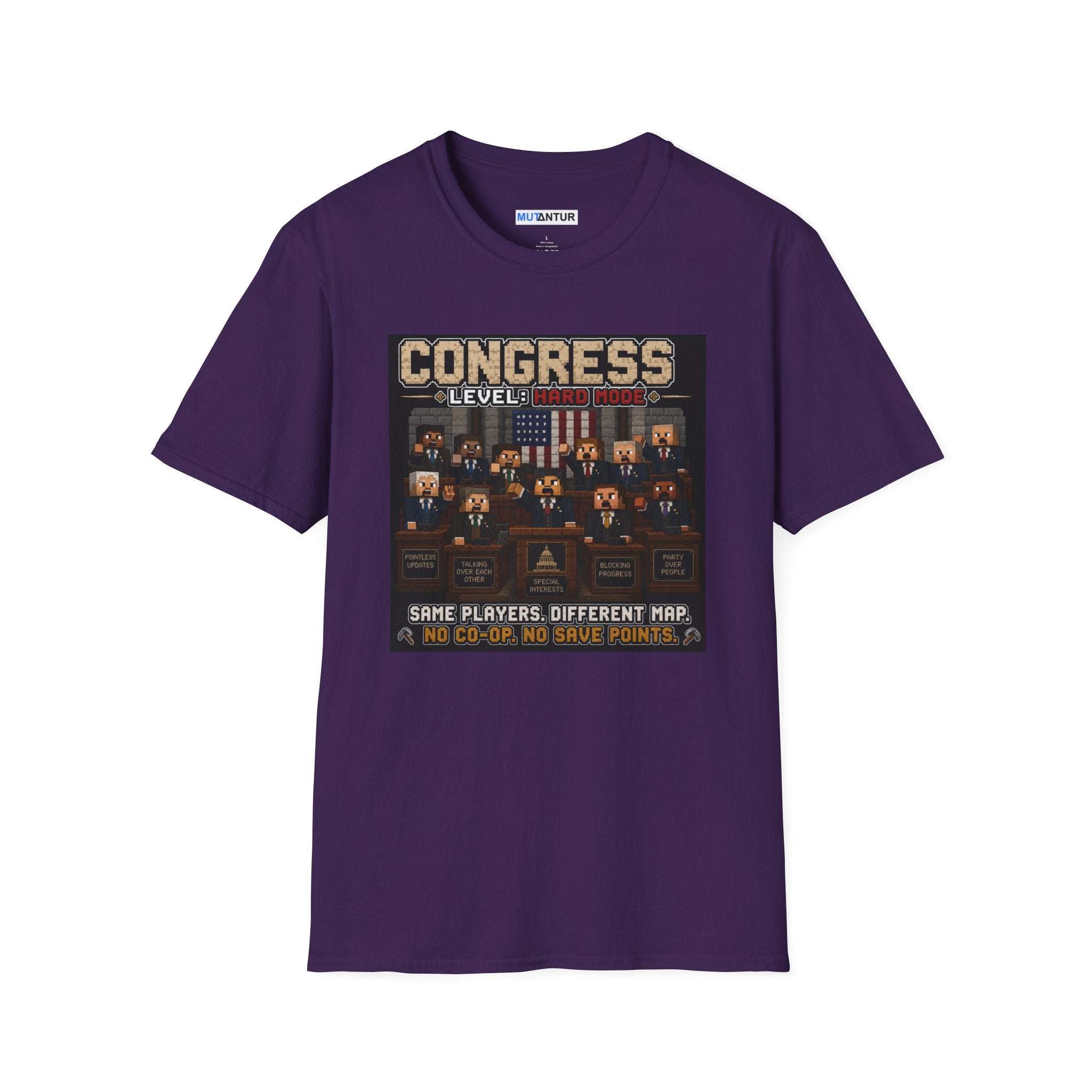 A purple hort-sleeve t-shirt with a graphic print on the front depicting a retro video game interface titled 'CONGRESS LEVEL 1'. The graphic shows a mock courtroom scene with historical figures and text reading 'SAME PLAYERS, DIFFERENT MAP.