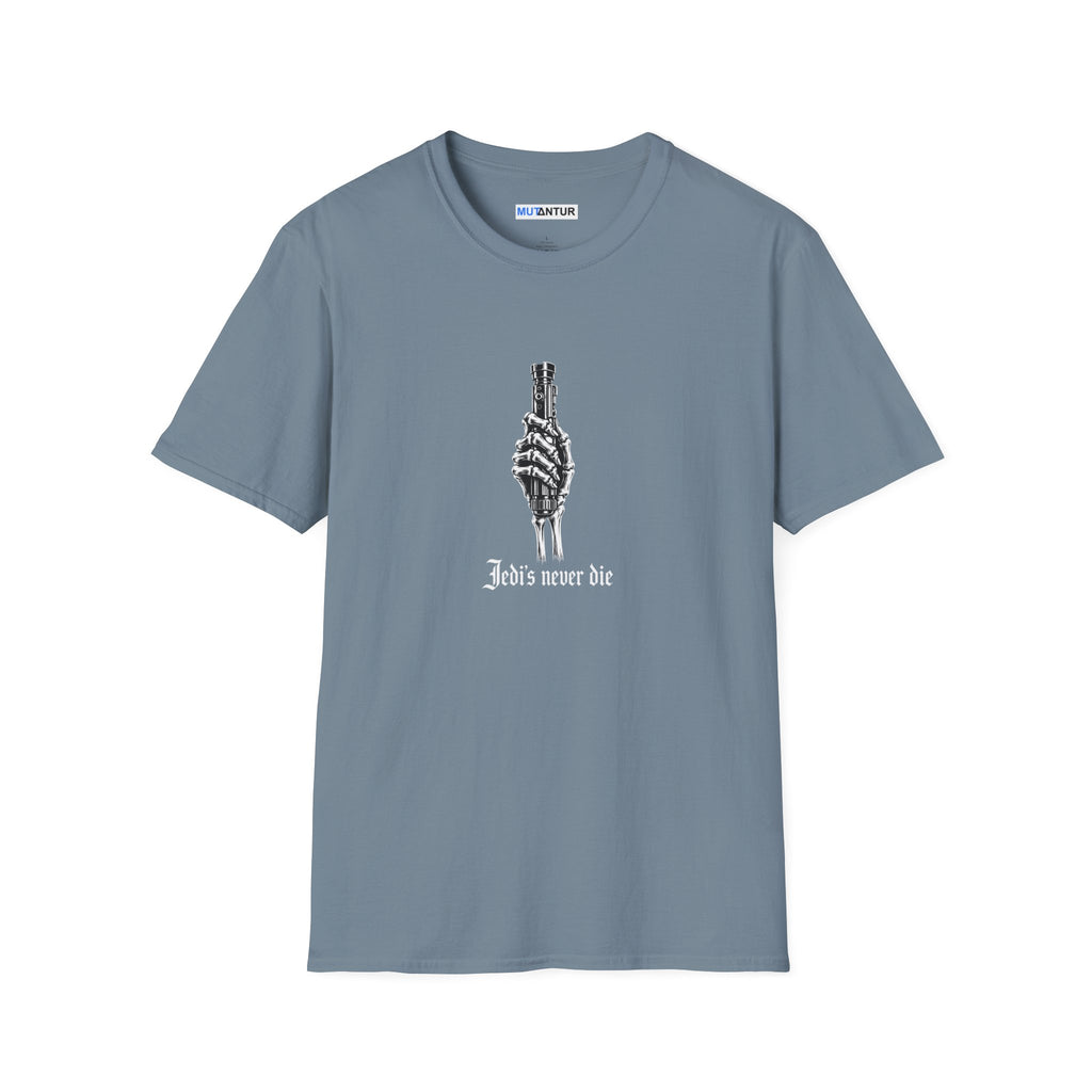 Stone Blue T-shirt depicting a skeleton hand holding a Light Saber hilt with the words Jedis Never Die