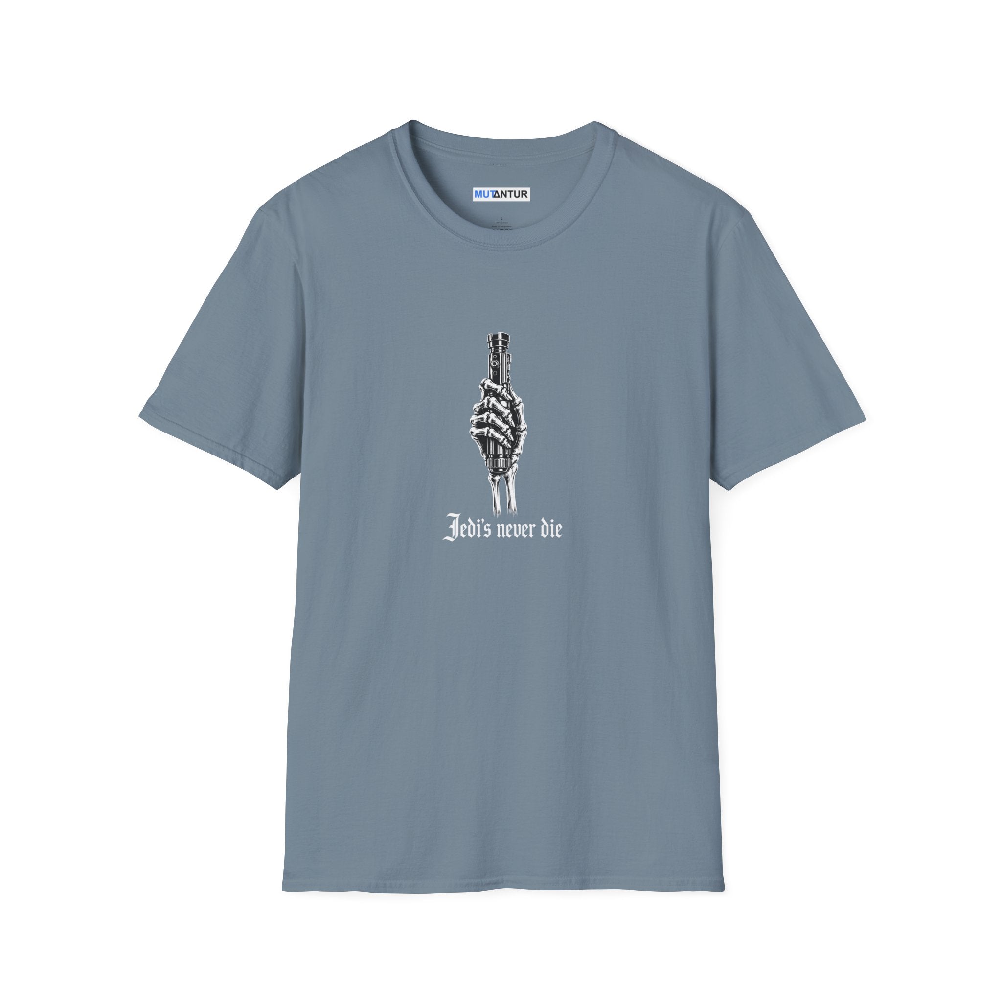 Stone Blue T-shirt depicting a skeleton hand holding a Light Saber hilt with the words Jedis Never Die