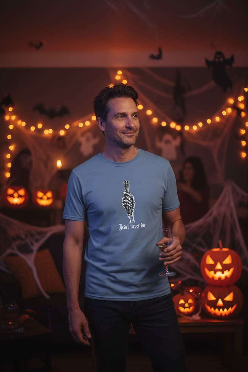 Stone Blue T-shirt depicting a skeleton hand holding a Light Saber hilt with the words Jedis Never Die