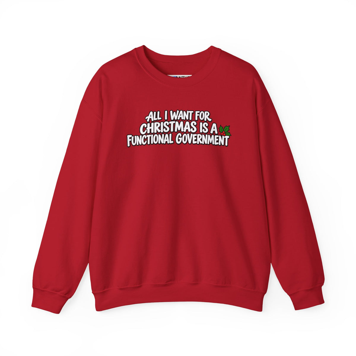 A red crewneck sweatshirt with a graphic text print on the chest that reads 'ALL I WANT FOR CHRISTMAS IS A FUNCTIONAL GOVERNMENT' in white letters with a black outline, accompanied by a small red and green holiday sprig.