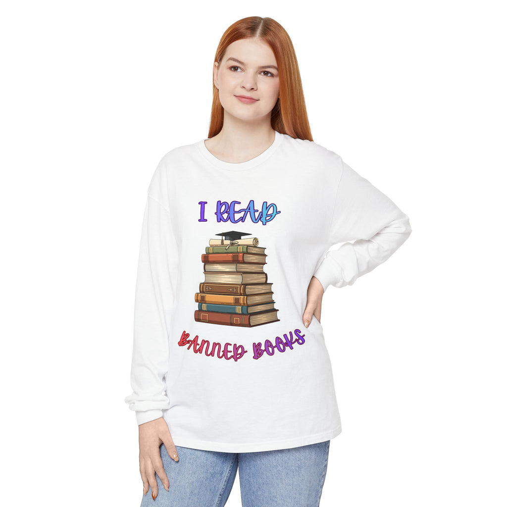 I Read Banned Books Long Sleeve Shirt | Stack of Books Reader Graphic Tee - Mutantur Labs LLC