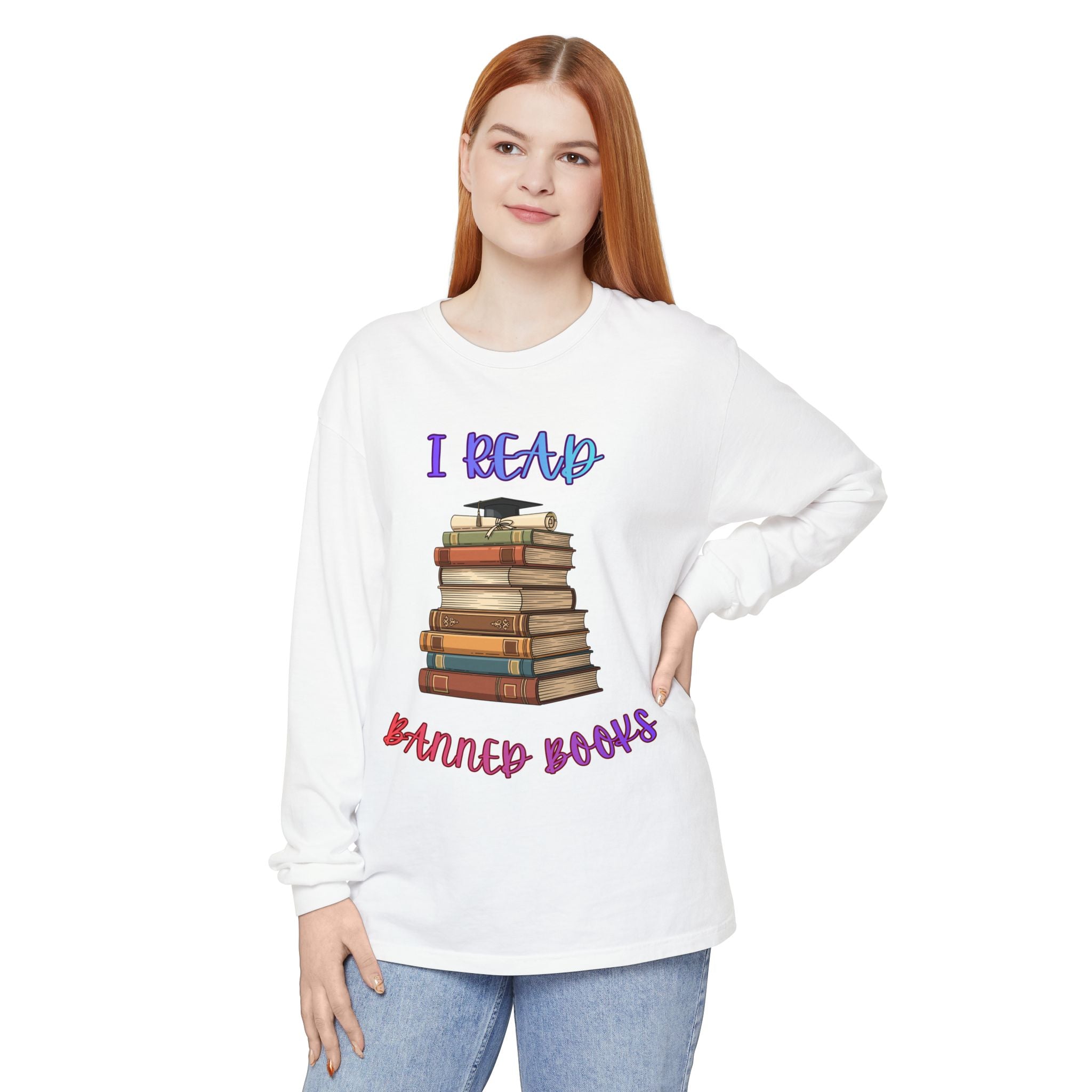 I Read Banned Books Long Sleeve Shirt | Stack of Books Reader Graphic Tee - Mutantur Labs LLC