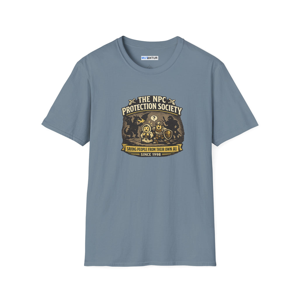A slate blue crewneck t-shirt featuring a vintage-style graphic on the chest that reads 'The NPC Protection Society' with a gold and black illustration of a guard and shield.