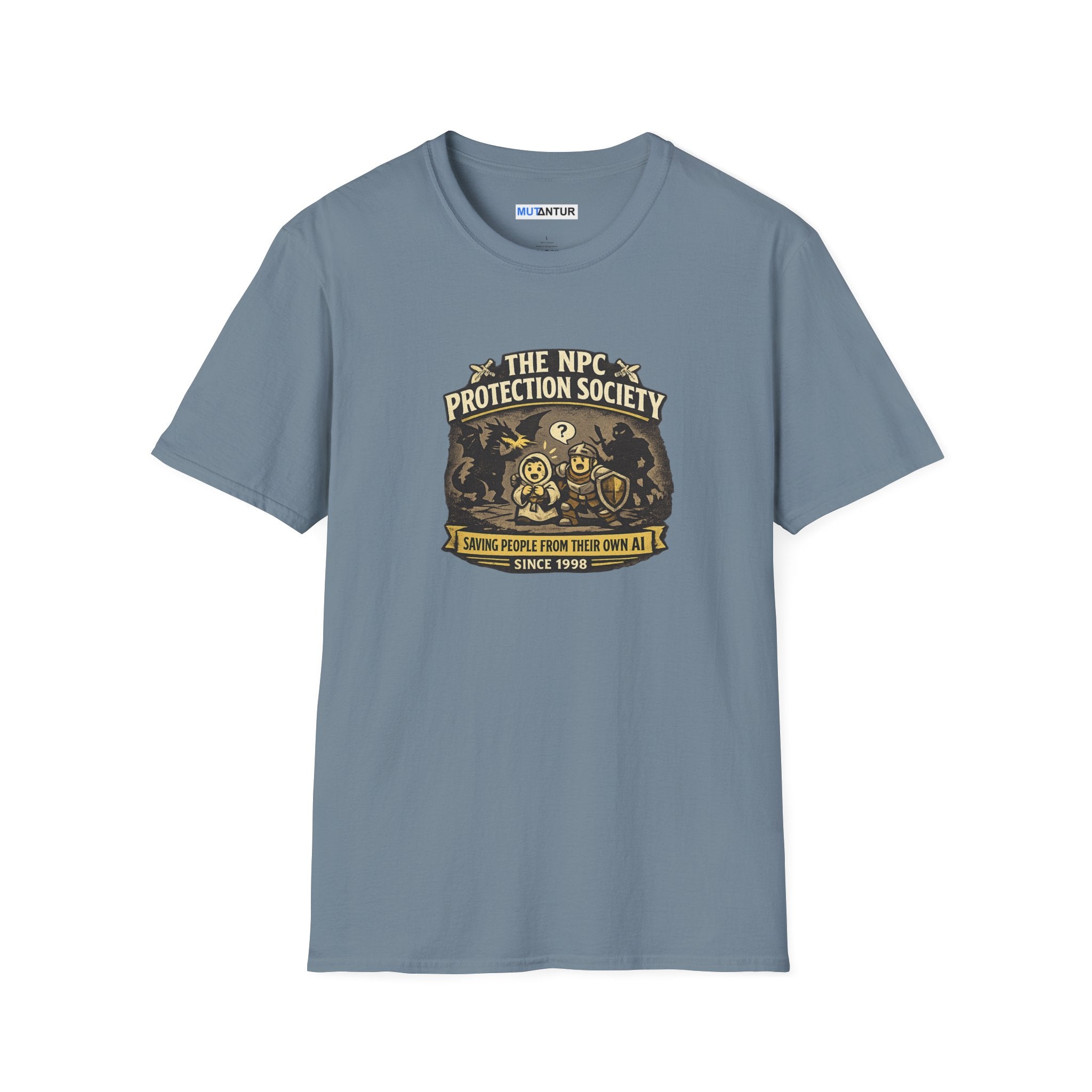 A slate blue crewneck t-shirt featuring a vintage-style graphic on the chest that reads 'The NPC Protection Society' with a gold and black illustration of a guard and shield.