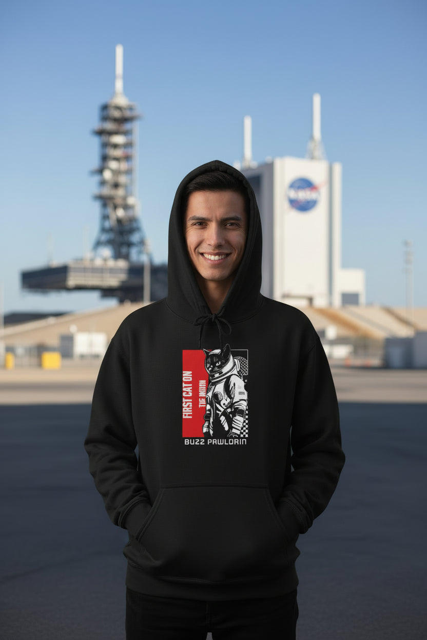 First Cat on the Moon Buzz Pawldrin Astronaut Graphic Unisex Hoodie, - Mutantur Labs LLC