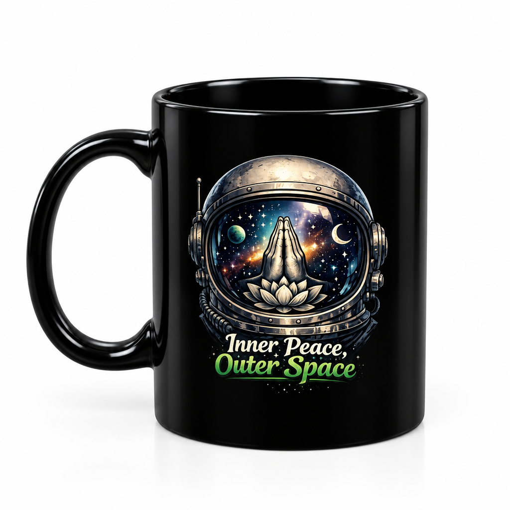 Inner Peace, Outer Space Black Mug — Astronaut Helmet Coffee Cup 11oz