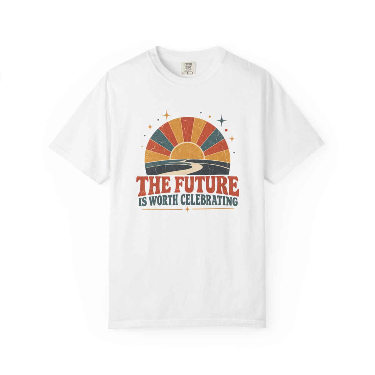 A white short-sleeve crewneck t-shirt featuring a retro sunset graphic on the chest with the text 'THE FUTURE IS WORTH CELEBRATING'.