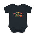 A black short-sleeve baby bodysuit with a colorful graphic on the chest. The graphic features the text 'MY FIRST SIDE QUEST' in red and yellow, above a cartoon green dragon holding a red gift box.