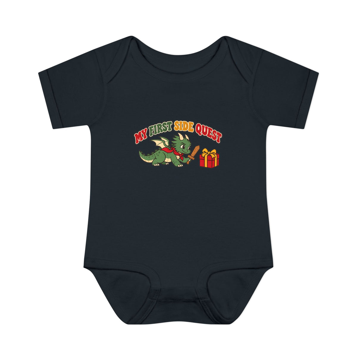A black short-sleeve baby bodysuit with a colorful graphic on the chest. The graphic features the text 'MY FIRST SIDE QUEST' in red and yellow, above a cartoon green dragon holding a red gift box.