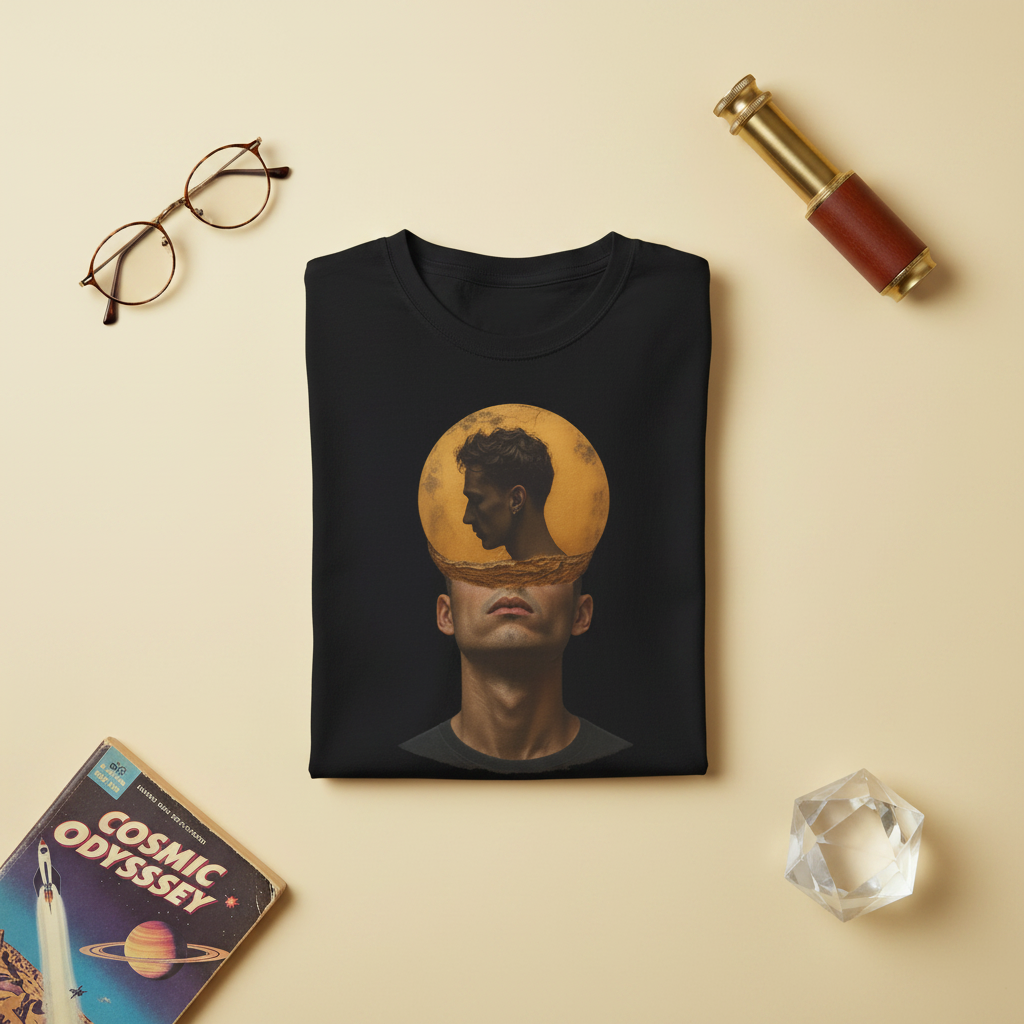 Surreal Double Portrait abstract head silhouette graphic tee in black, folded flat lay styled with glasses, a telescope, a crystal, and a vintage sci-fi book