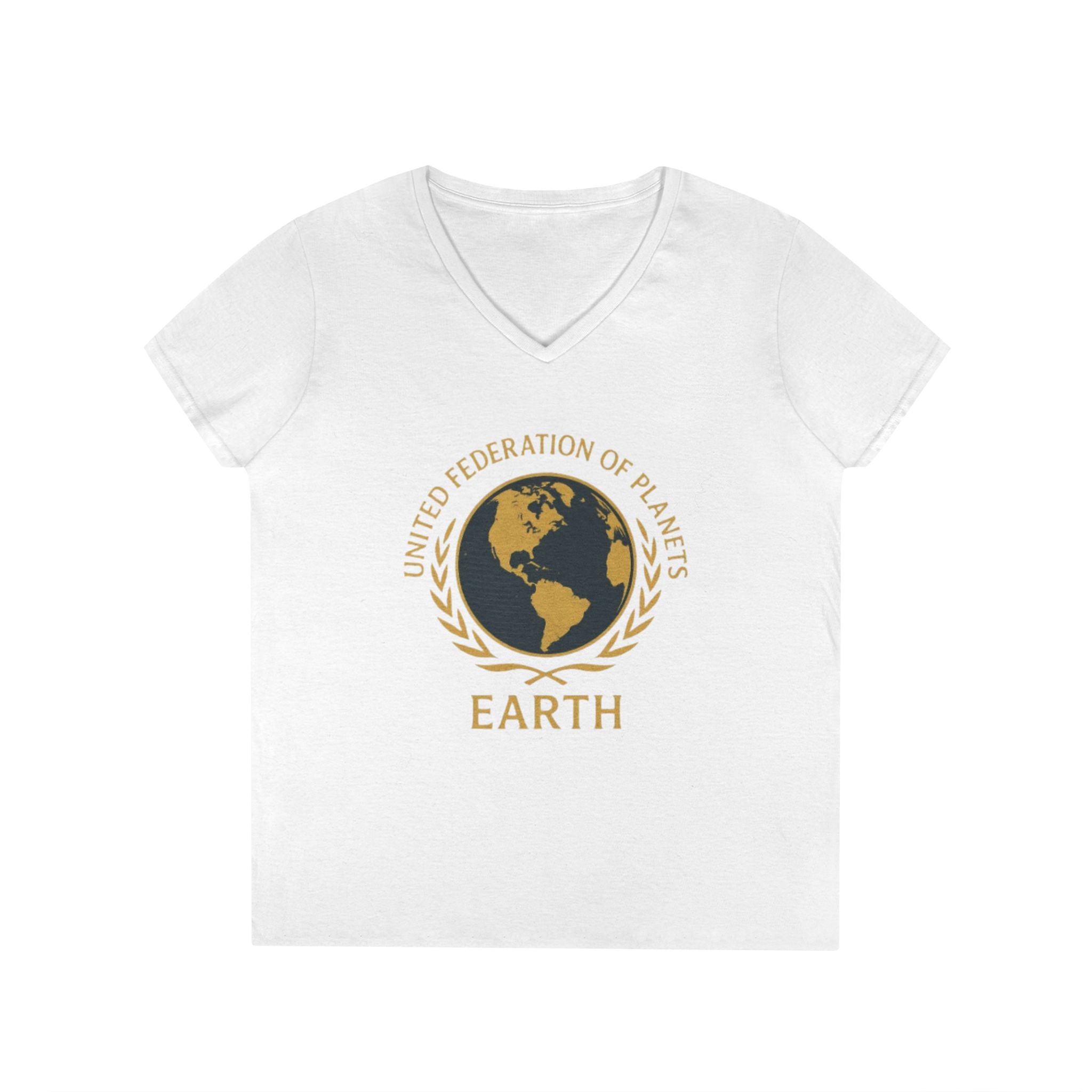 United Federation of Planets Earth V-Neck T-Shirt | Sci-Fi Inspired Women's Graphic Tee - Mutantur Labs LLC