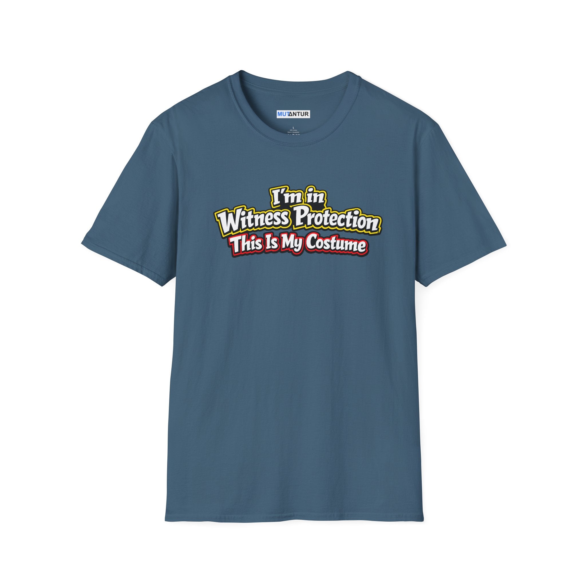 Blue shirt with the words I'm in Witness Protection This is My Costume
