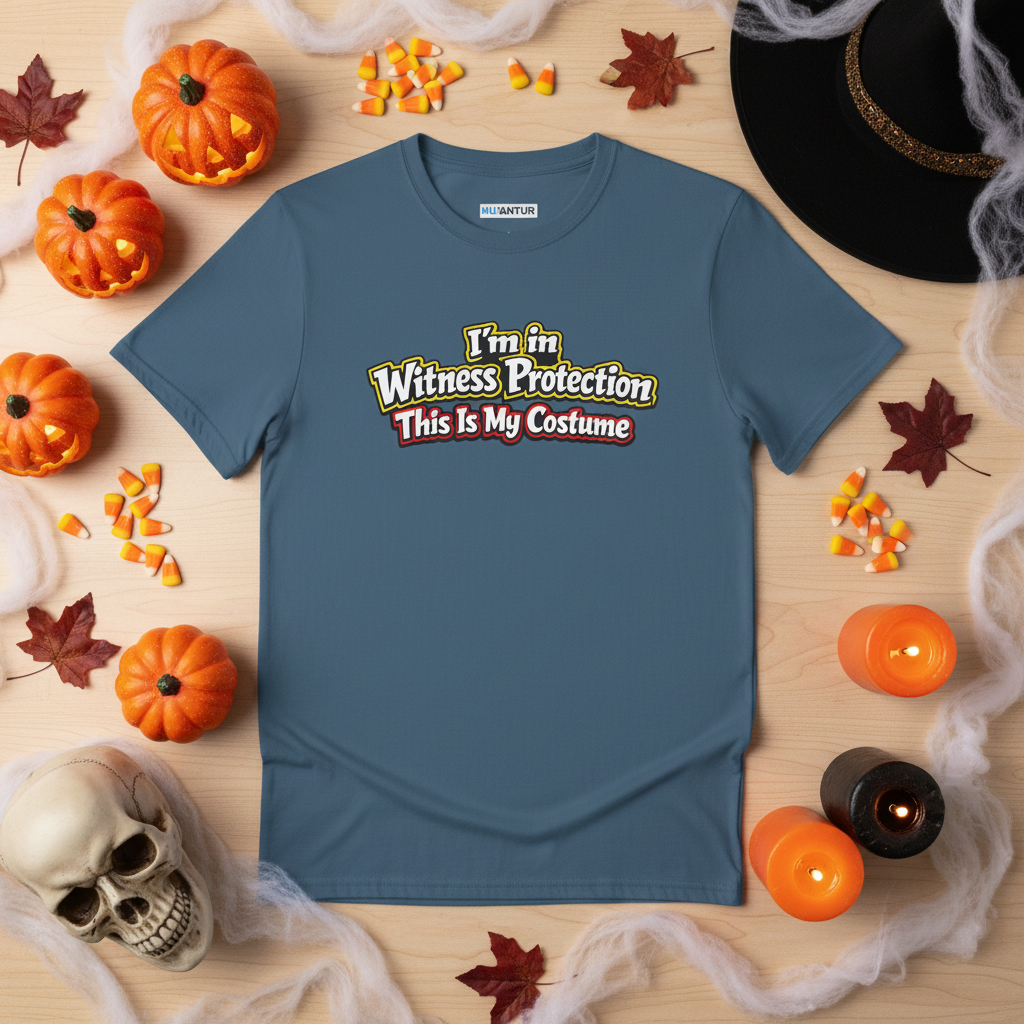 Blue shirt with the words I'm in Witness Protection This is My Costume