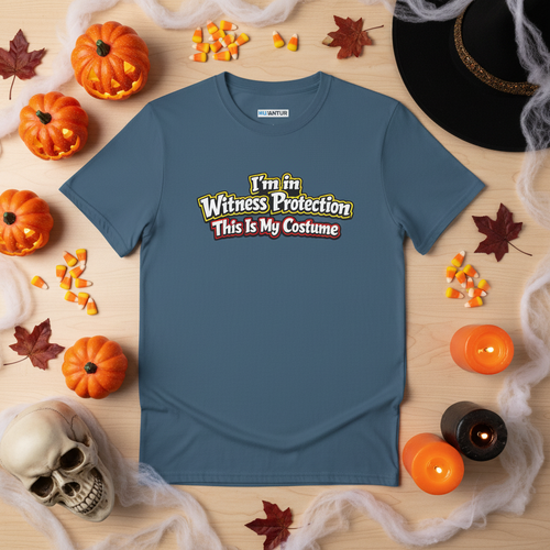 Blue shirt with the words I'm in Witness Protection This is My Costume in a stylized display with pumpkins