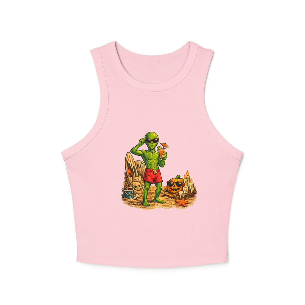 Alien on Vacation Crop Tank Top — Retro Summerween Beach Graphic