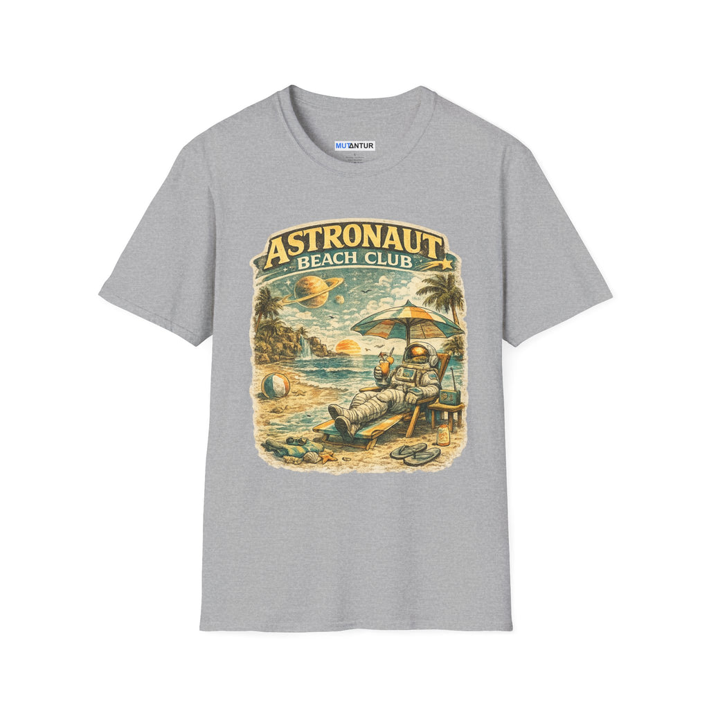 Astronaut Beach Club T-Shirt – Retro Space Beach Graphic Tee - Mutantur Labs LLC