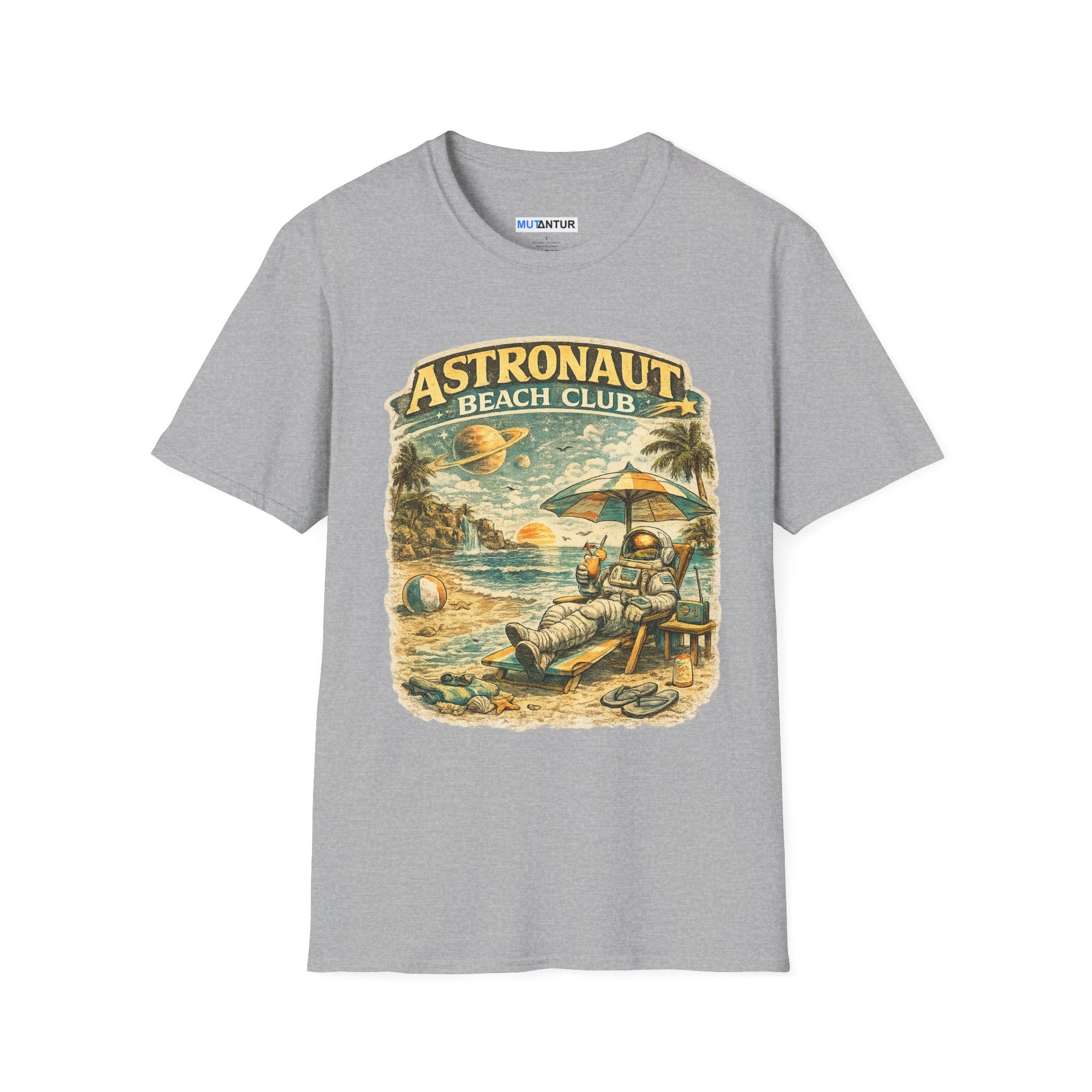 Astronaut Beach Club T-Shirt – Retro Space Beach Graphic Tee - Mutantur Labs LLC