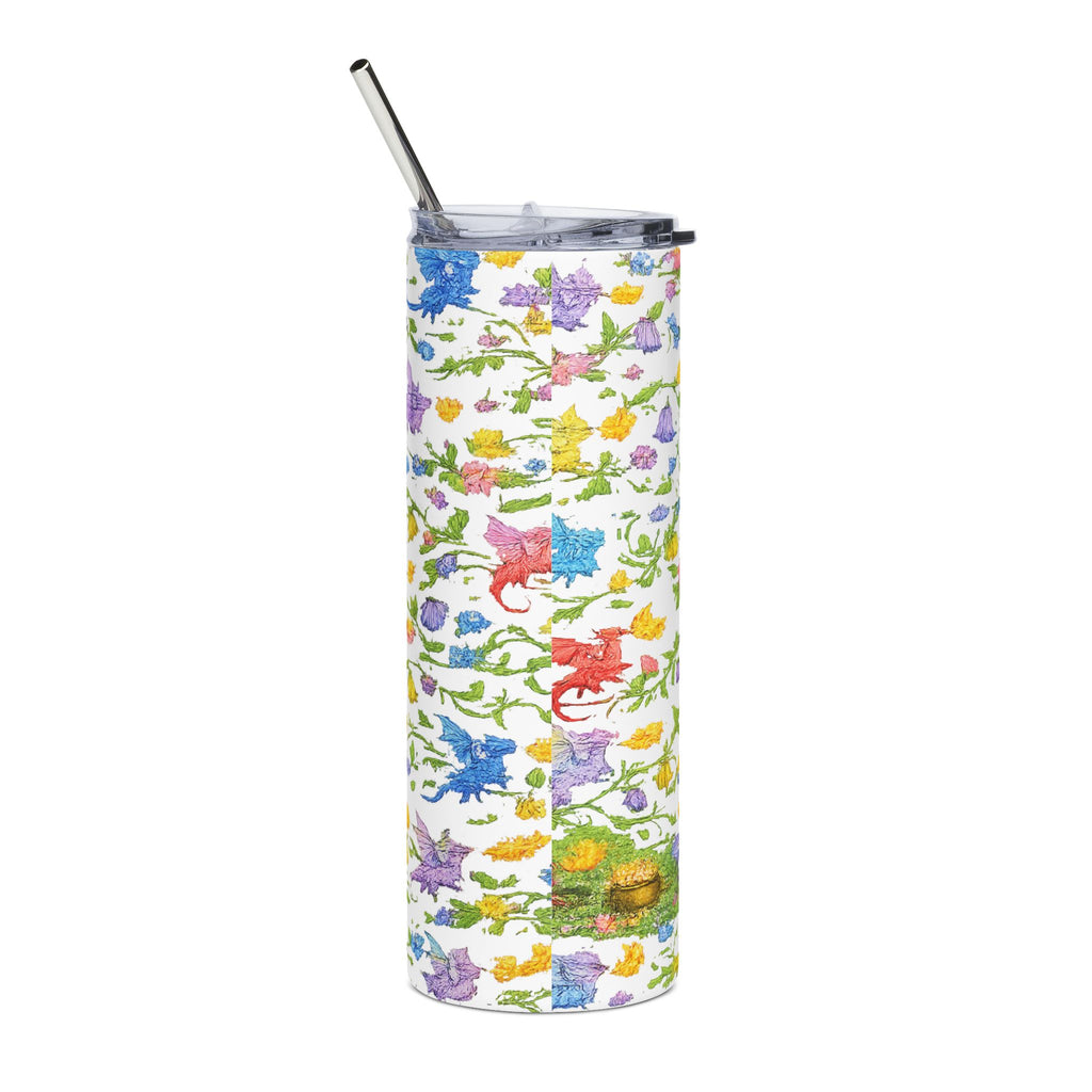 Floral Dragon 20oz Stainless Steel Tumbler — Fantasy Dragon Travel Cup with Vines, Flowers & Hidden Details - Mutantur Labs LLC