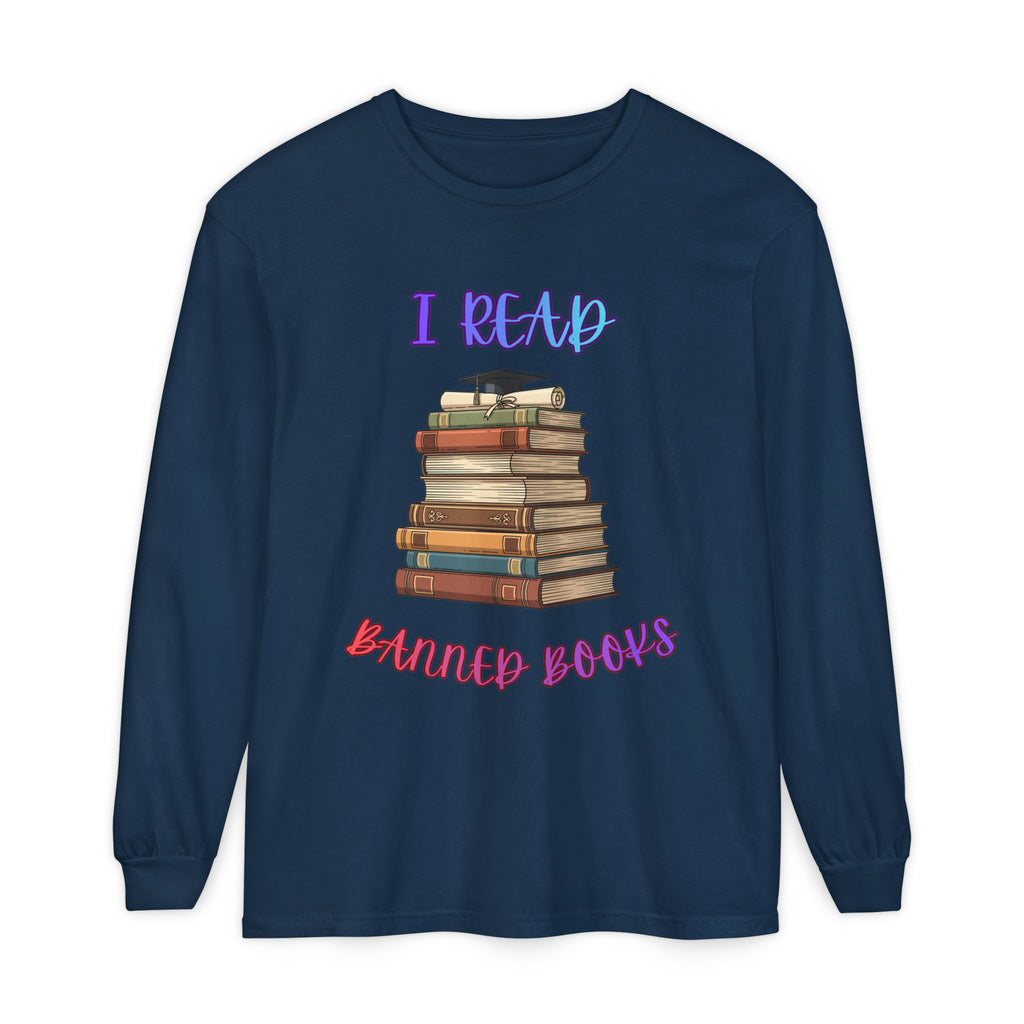 I Read Banned Books Long Sleeve Shirt | Stack of Books Reader Graphic Tee - Mutantur Labs LLC
