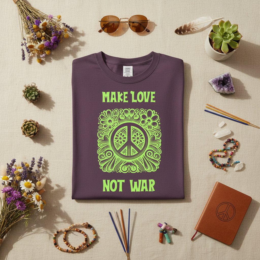 Make Love Not War T-Shirt, retro peace sign hippie tee, styled shot