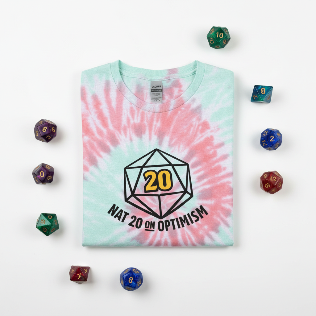 Tie-Dye Tee — D20 "Nat 20 on Optimism" Gaming T-Shirt