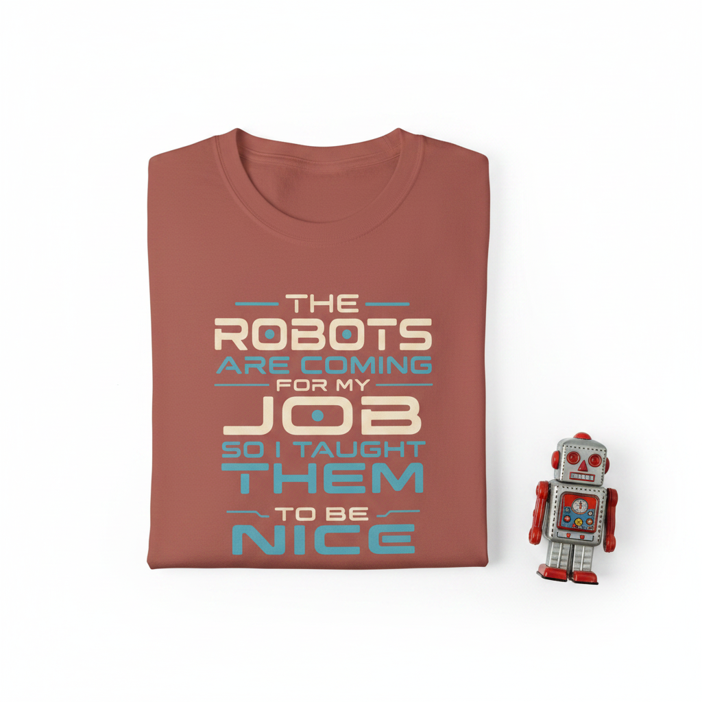 A dusty rose short-sleeve t-shirt with a retro-style text graphic on the chest reading 'THE ROBOTS ARE COMING FOR MY JOB SO I TAUGHT THEM TO BE NICE' in cream, light blue, and dark blue lettering, displayed on a clean white background.