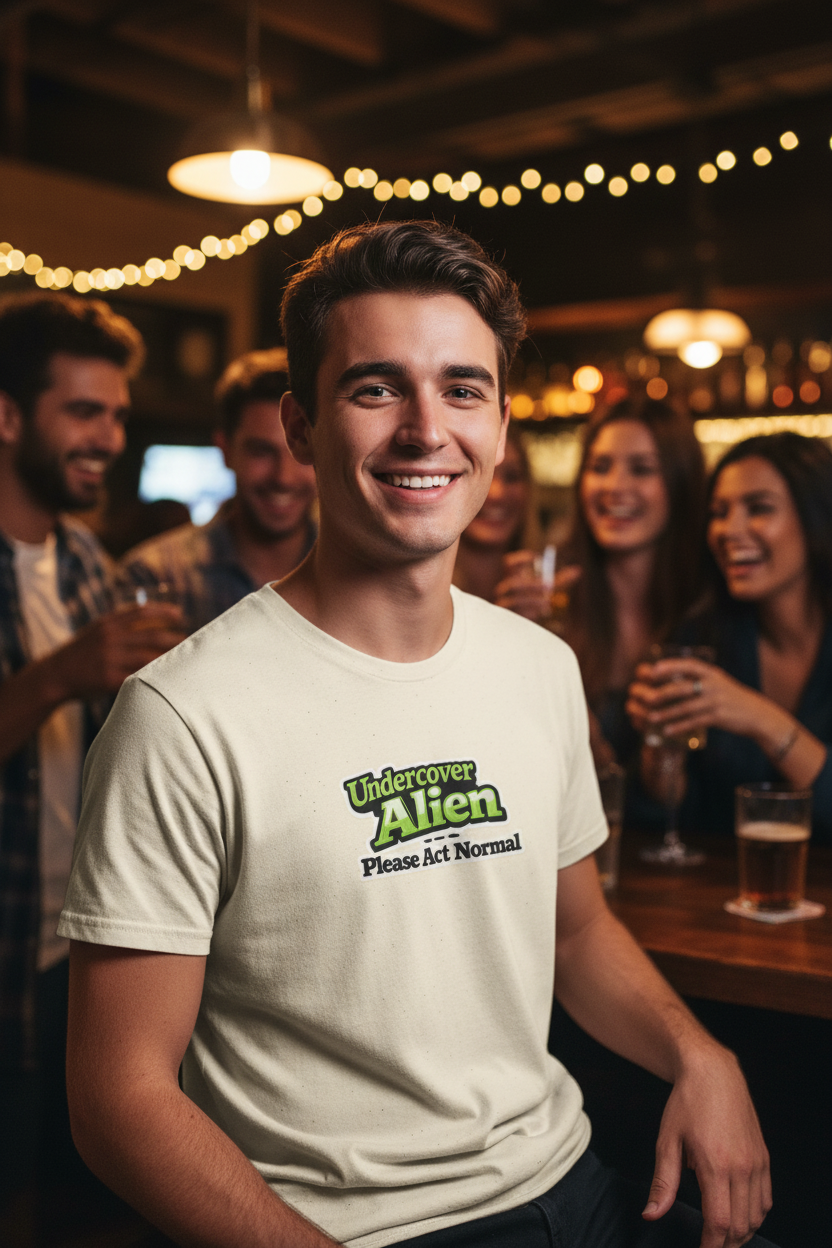 Beige short-sleeve t-shirt with a graphic on the chest that reads 'Undercover Alien Please Act Normal' in green and black