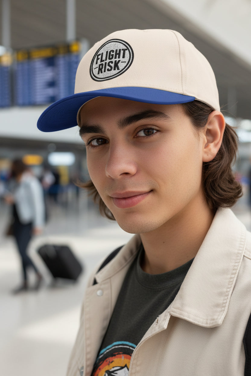 FLIGHT RISK Embroidered Mid Profile Baseball Cap | Funny Travel Hat | Aviation Humor Dad Cap | Minimalist Adventure Snapback | Gift for Frequent Flyers