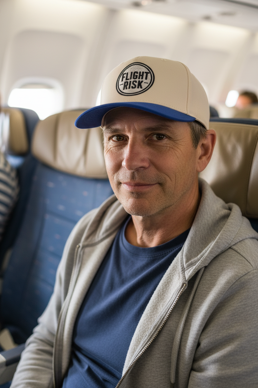 Beige and blue cap with a logo and text that says FLIGHT RISK on a white background