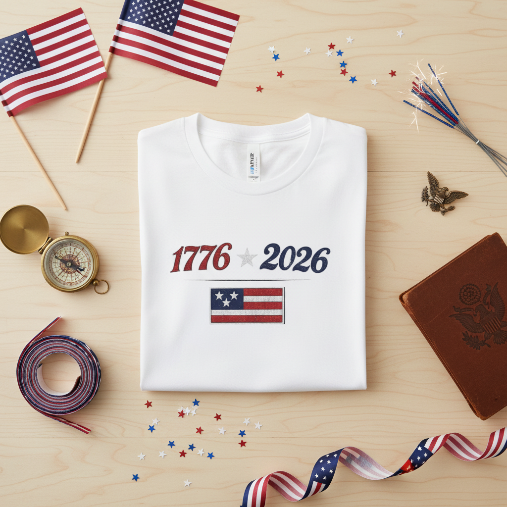 1776-2026 American Flag Anniversary patriotic graphic tee, close-up of design
