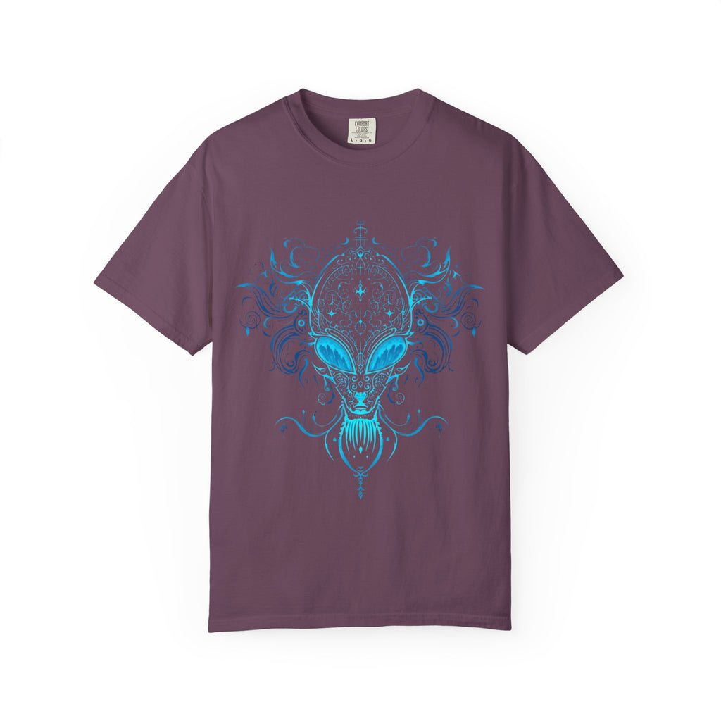 Ornate Blue Alien Mask T-Shirt | Chinoiserie Mystical Graphic Tee - Mutantur Labs LLC