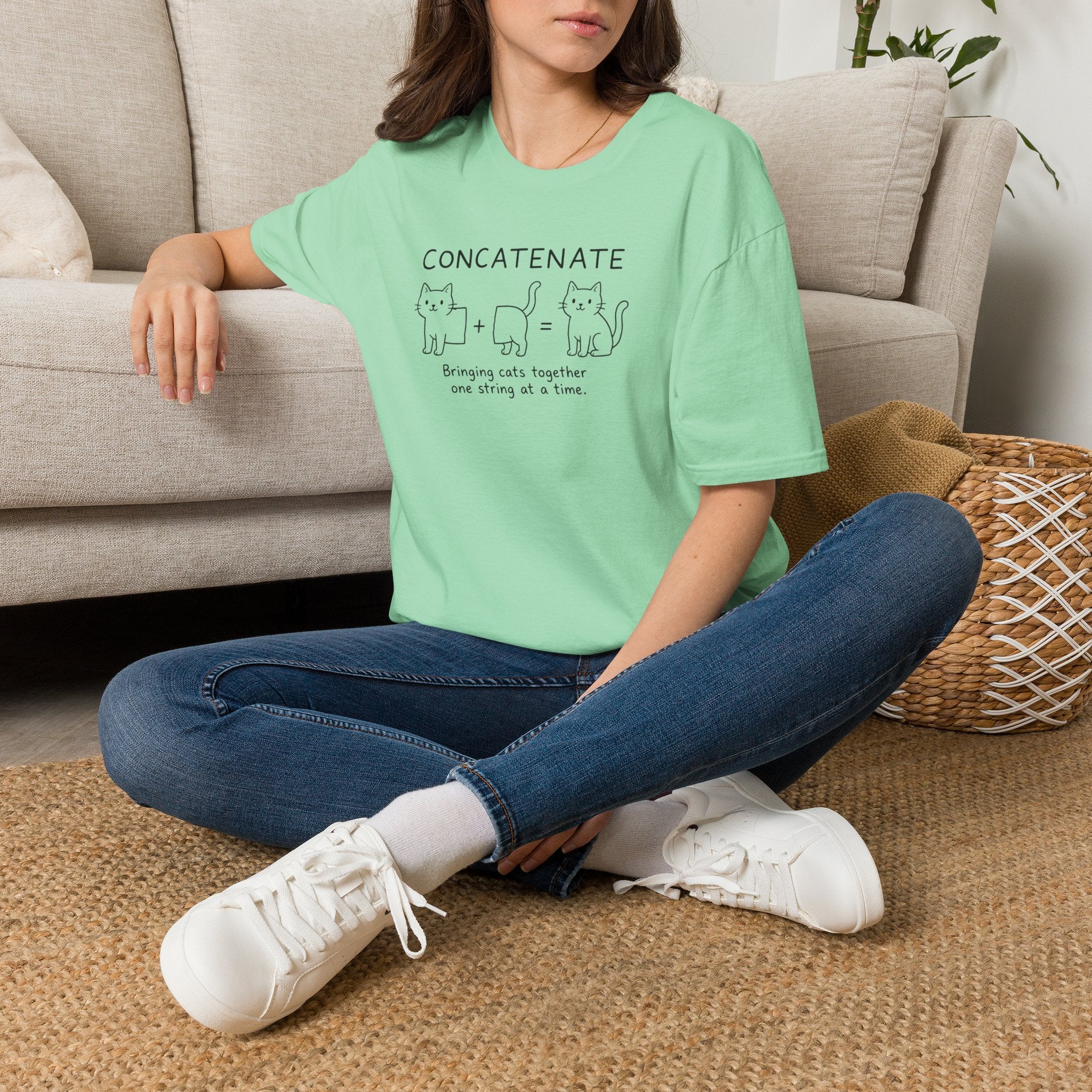 Concatenate Cat T-Shirt — Cute Programming/Cat Lover Tee ("Bringing cats together one string at a time")