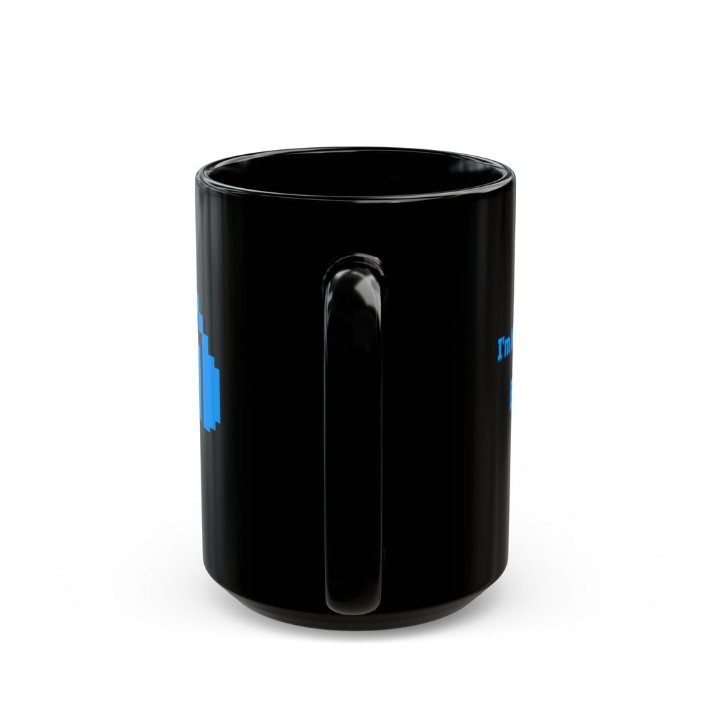 A glossy black ceramic mug with a handle, featuring partial blue graphic text on the sides, shown against a plain white background.