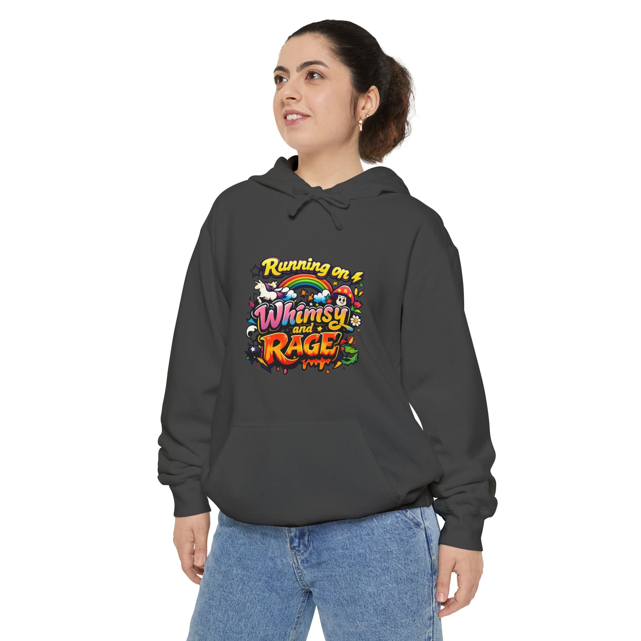 Hoodie — "Running on a Whimsy and Rage" Colorful Graphic Pullover