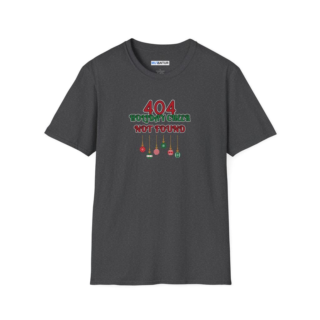 A dark grey short-sleeve crewneck t-shirt with a graphic on the chest that reads '404 HOLIDAY CHEESE NOT FOUND' in red and green text with hanging ornaments below, shown on a plain white background.