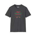 A dark grey short-sleeve crewneck t-shirt with a graphic on the chest that reads '404 HOLIDAY CHEESE NOT FOUND' in red and green text with hanging ornaments below, shown on a plain white background.