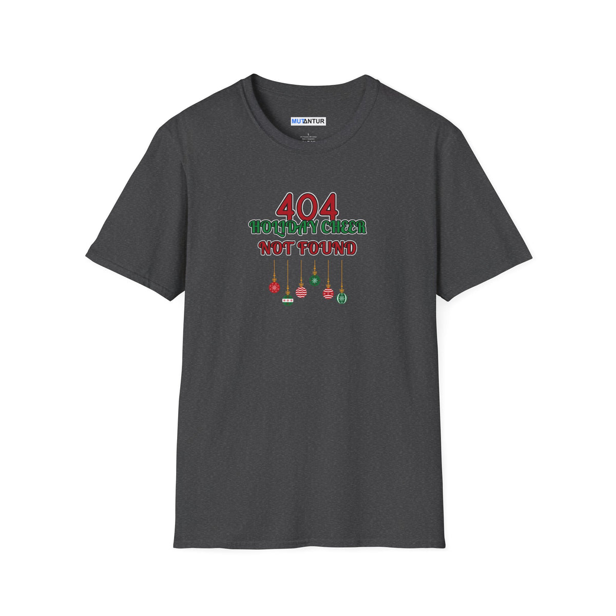 A dark grey short-sleeve crewneck t-shirt with a graphic on the chest that reads '404 HOLIDAY CHEESE NOT FOUND' in red and green text with hanging ornaments below, shown on a plain white background.