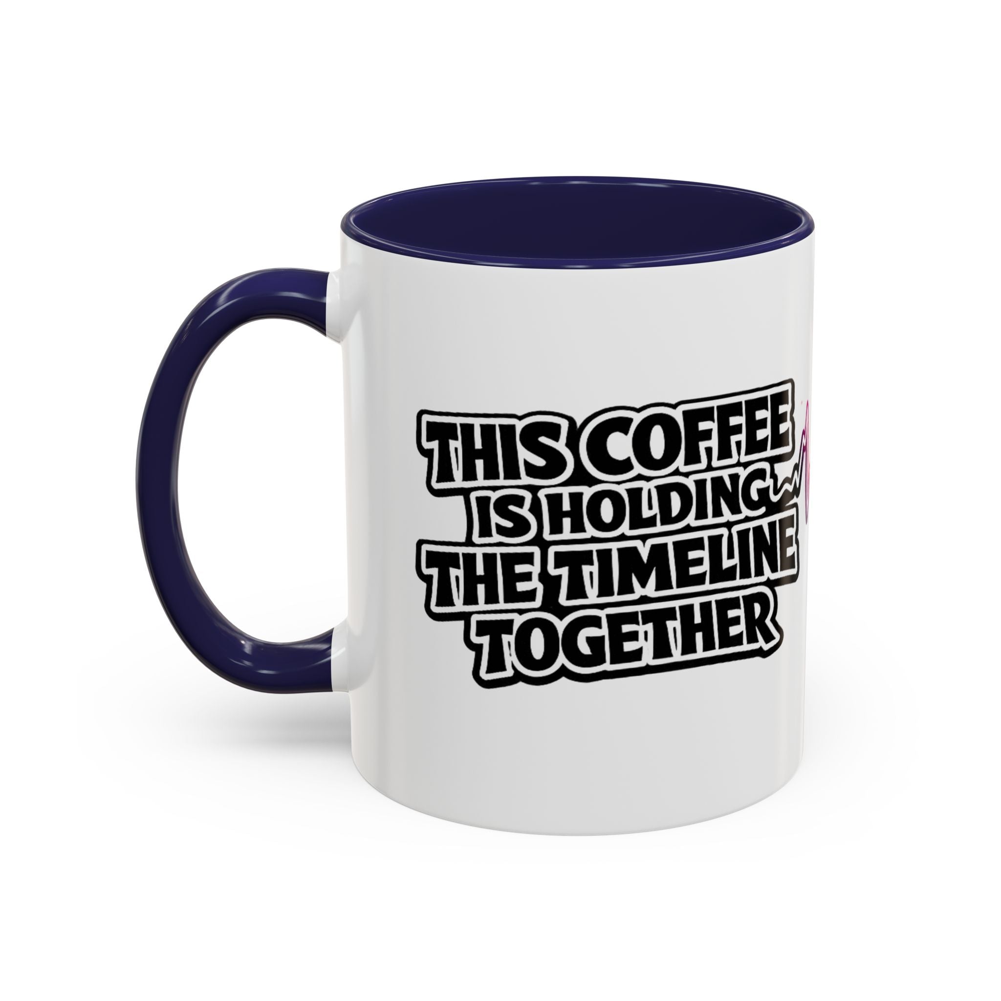 This Coffee Is Holding the Timeline Together rainbow heartbeat mug, lifestyle shot