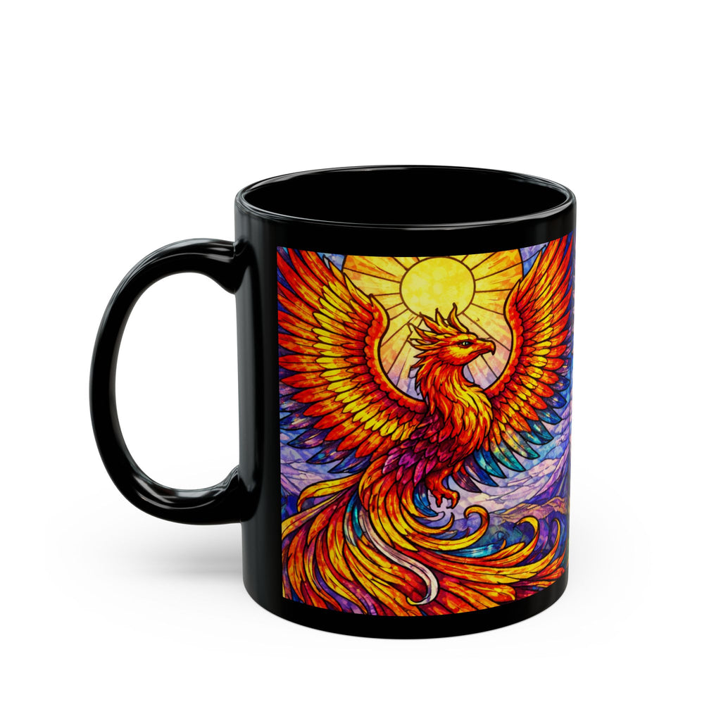 Stained Glass style Gryphon & Phoenix Mug — 11oz Black Ceramic, Mythical Winged Creature Coffee Cup - Mutantur Labs LLC