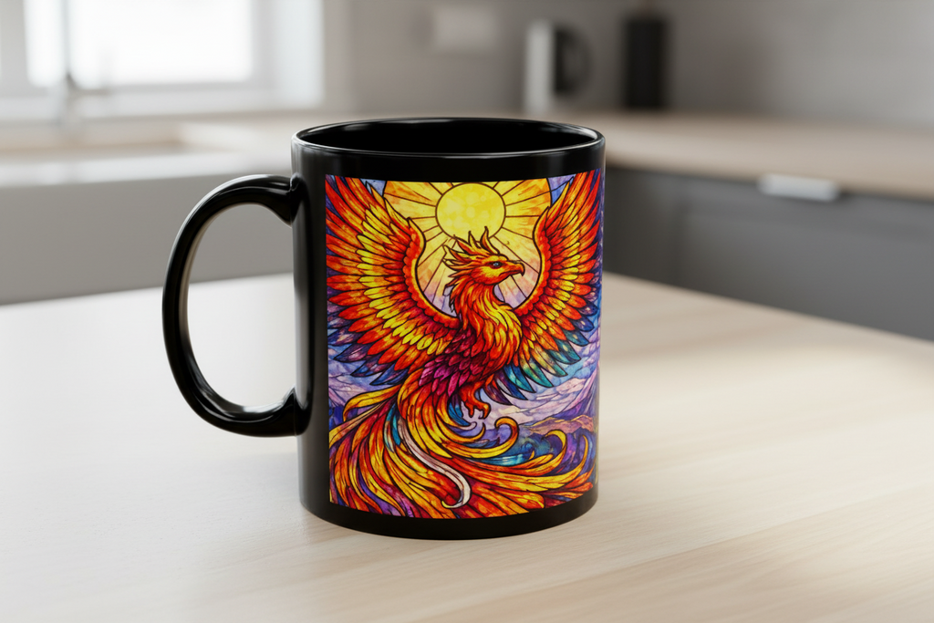Stained Glass style Gryphon & Phoenix Mug — 11oz Black Ceramic, Mythical Winged Creature Coffee Cup - Mutantur Labs LLC